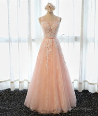 A Line Round Neck Sleeveless Lace Prom Dresses, Lace Formal Dresses