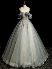 A-Line Round Neck Tulle Gray Blue Long Prom Dress, Tulle Sequin Lace Long Evening Dress