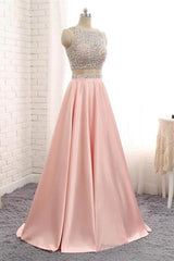 A Line Round Neck Two Pieces Beaded Pink Prom Dresses, Two Pieces Pink Formal Dresses, Pink Evening Dresses