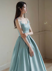 A-line Satin Blue Long Straps Evening Dress, Satin Long Prom Dress