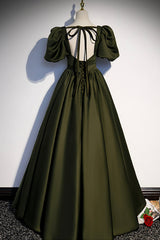 A-Line Satin Long Prom Dress, Dark Green Short Sleeve Evening Graduation Dress