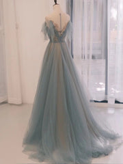 A-Line Scoop Neckline Tulle Gray Blue Long Prom Dress with Sequin