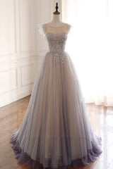 A-Line Scoop Neckline Tulle Long Prom Dress with Beaded, Evening Party Dress