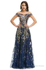 A Line Sequins Off the Shoulder Long Prom Dresses