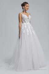 A-LINE SHEER STRAPS V-NECK TULLE APPLIQUE FLOOR-LENGTH SLEEVELESS WEDDING DRESSES