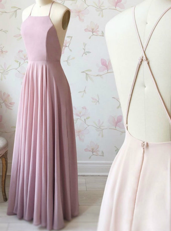 A-Line Simple Pink Chiffon Halter Crosed Straps Prom Dress