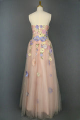 A Line Spaghetti Corset Prom Dresses With 3D Flowers Evening Dresses