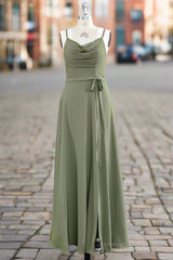 A Line Spaghetti Straps Chiffon Long Bridesmaid Dress with Slit Backless