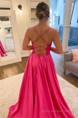 A Line Spaghetti Straps Hot Pink Long Prom Dress with Split Front