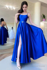 A Line Spaghetti Straps Royal Blue Long Prom Dress with Split Front