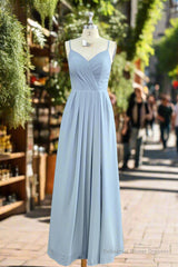 A-Line Spaghetti Straps Ruched Long Chiffon Bridesmaid Dress with Slit