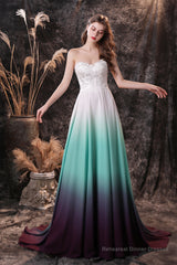 A Line Strapless Sleeveless Appliques Ombre Silk Like Satin Sweep Train Prom Dresses