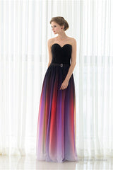 A Line Strapless Sleeveless Colorful Chiffon Floor Length Prom Dresses With Belt