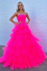 A-Line Strapless Tiered Tulle Prom Dress with Ruffles