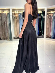 A-Line Sweetheart Neck Black Long Prom Dress, Black Long Formal Dress