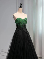 A Line Sweetheart Neck Green Beads Black Tulle Long Prom Dress Evening Dress