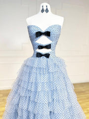 A-Line Sweetheart Neck Polka Dots Tulle Blue Long Prom Dress, Blue Long Formal Dress