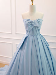 A-Line Sweetheart Neck Satin Tulle Blue Long Prom Dress, Blue Evening Dress