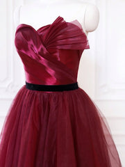 A-Line Sweetheart Neck Tulle Burgundy Long Prom Dress, Burgundy Long Formal Dress