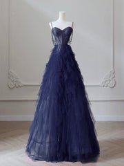 A-Line Sweetheart Neck Tulle Dark Blue Long Prom Dress, Dark Blue Long Graduation Dress with Beads