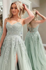 A-Line Sweetheart Sage Green Tulle Lace Long Prom Dresses