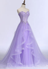 A-line Sweetheart Sleeveless Sweep Train Tulle Prom Dress With Beading Appliqued