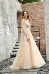 A-Line Tulle Beading Handwork Long Sleeves Prom Dresses