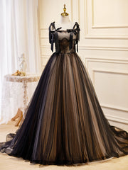 A-Line Tulle Lace Black Long Prom Dress, Black Formal Evening Dresses