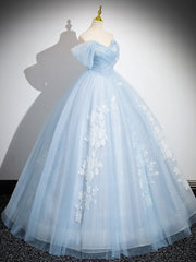 A-Line Tulle Lace Blue Long Prom Dress, Off Shoulder Blue Long Sweet 16 Dress