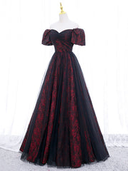 A-Line Tulle Lace Burgundy Long Prom Dress, Burgundy Long Formal Dress