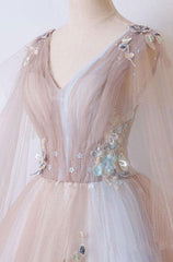 A Line Tulle Pink Embroidery Appliqued Long Prom Dresses