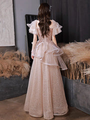 A-Line Tulle Sequin Pink Long Prom Dress, Shiny Sequin Pink Long Evening Dress