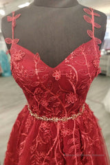 A Line V Neck and V Back Burgundy Lace Floral Long Prom Dress, Burgundy Lace Formal Evening Dress