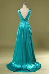 A Line V Neck and V Back Turquoise Long Prom Dress with Slit, Turquoise Formal Graduation Evening Dress