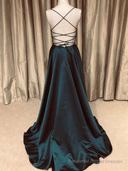 A Line V Neck Backless Long Prom Dresses Simple Dark Green Formal Evening Gowns