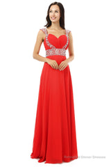 A-line V Neck Chiffon Long Red Prom Dresses