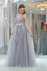 A-Line V-neck Floor-Length Tulle Appliqued Long Prom Dresses