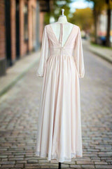 A-Line V-Neck Long Sleeves Long Chiffon Bridesmaid Dresses With Split Side Pockets