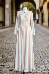 A-Line V-Neck Long Sleeves Long Chiffon Bridesmaid Dresses With Split Side Pockets