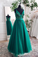 A Line V Neck Open Back Green Floral Long Prom Dresses, Open Back Green Formal Evening Dresses