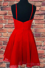 A Line V Neck Open Back Red Short Prom Dress, Backless Red Homecoming Dress