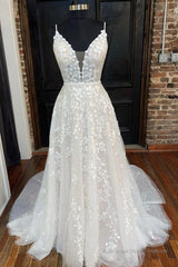 A Line V Neck Open Back White Lace Long Prom Dress, V Neck White Lace Formal Dress, White Lace Evening Dress