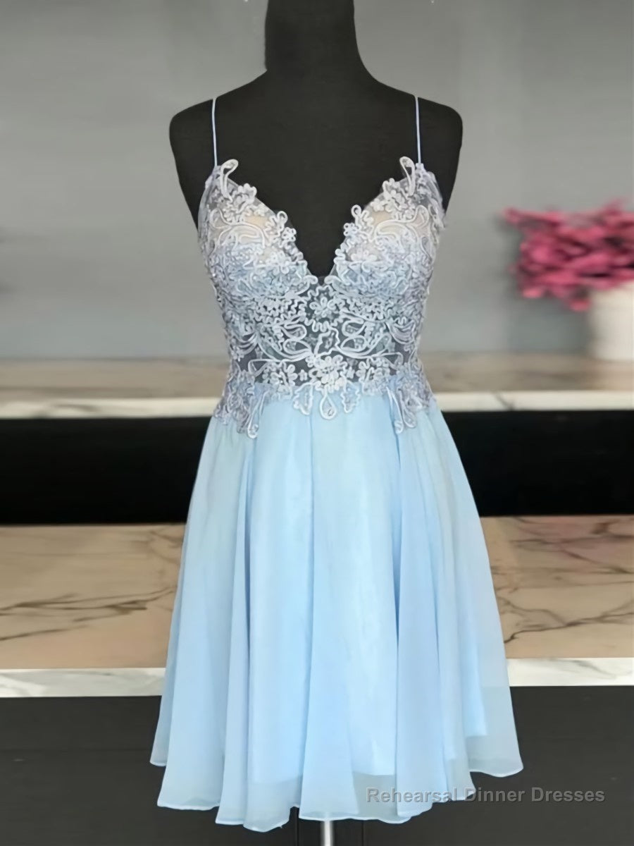 A Line V Neck Short Blue Lace Prom Dresses, Short Blue Lace Formal Homecoming Dresses