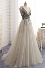 A Line V Neck Silver Gray Long Prom Dresses, Silver Grey Beaded Long Formal Evening Dresses