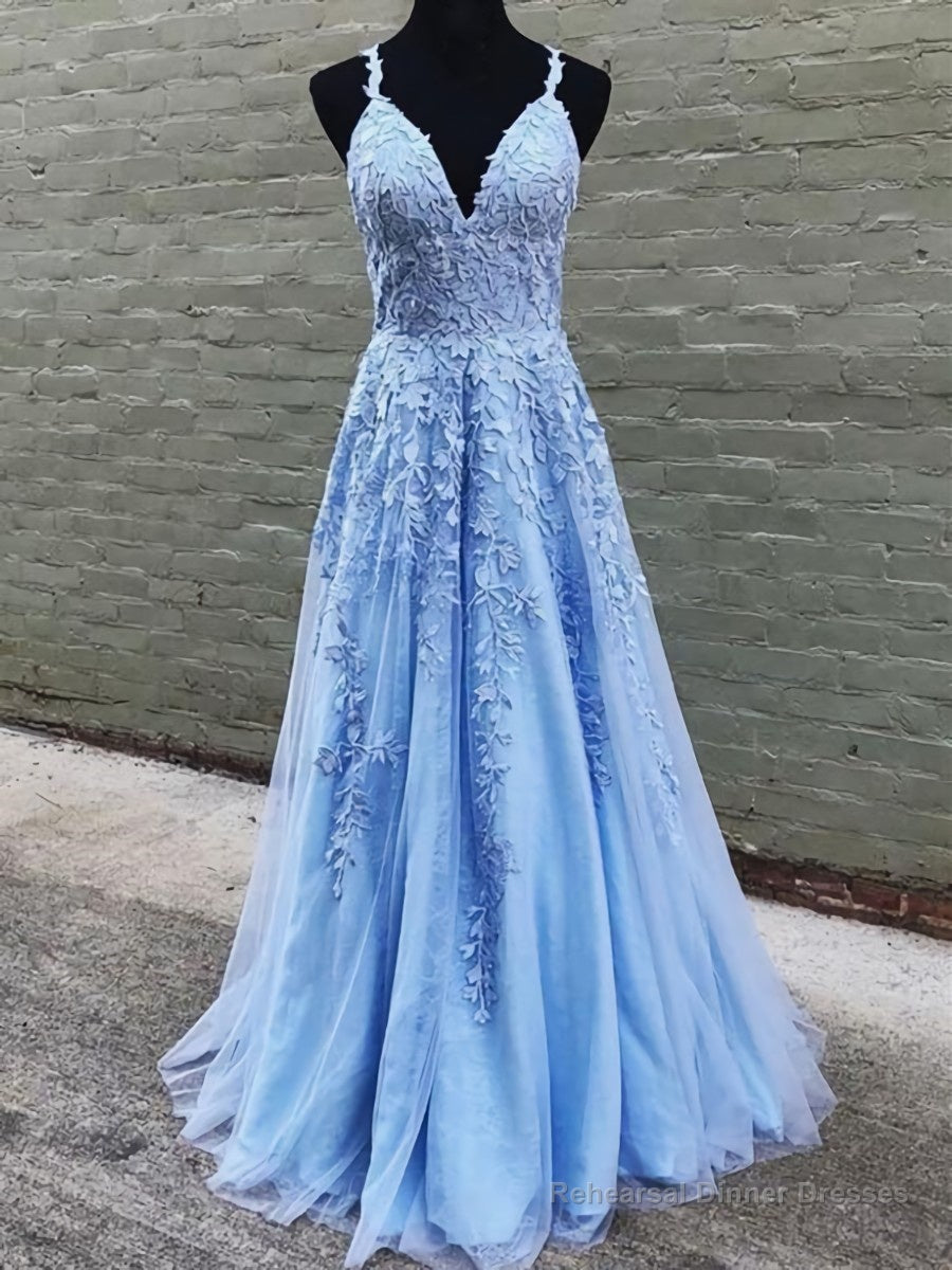 A Line V Neck Sky Blue Lace Prom Dresses, Light Blue Lace Formal Evening Dresses