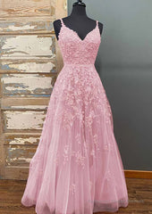 A-line V Neck Spaghetti Straps Long/Floor-Length Tulle Prom Dress With Beading Lace Pockets Sequins