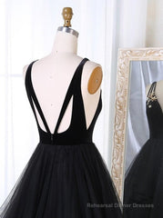 A Line V Neck Tulle Black Ball Gown, Black Prom, Black Formal