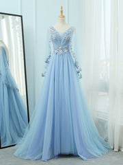 A-Line V Neck  Tulle Lace Blue Long Prom Dresses, Blue Formal Evening Dress