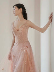 A-Line V Neck Tulle Pink Long Prom Dress, Pink Tulle Long Evening Dress