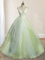 A-Line V Neck Tulle Sage Green Long Prom Quinceanera Dresses